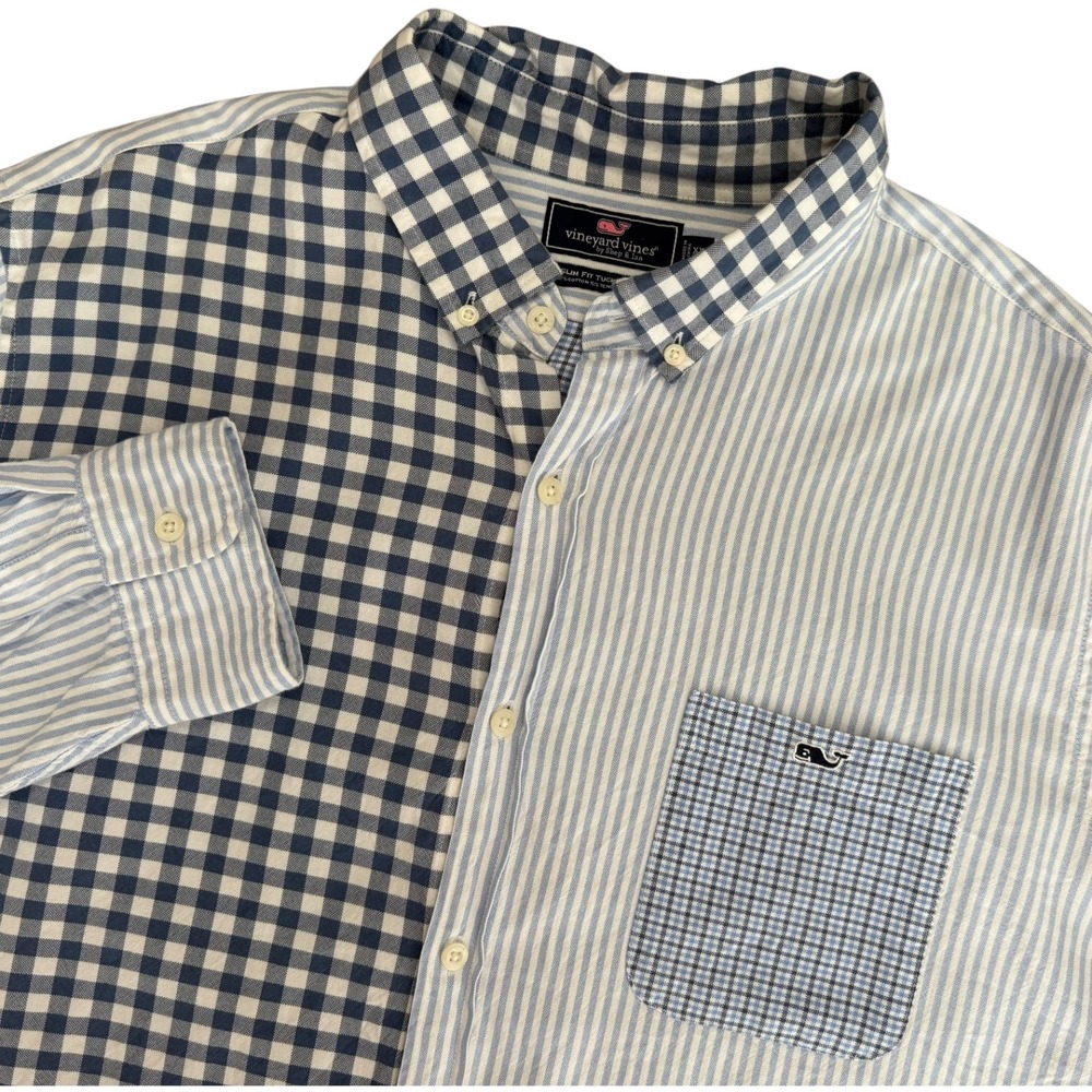 Vineyard Vines Mens XXL Slim Fit Tucker Shirt Mixed‎ Gingham Stripe Blue White